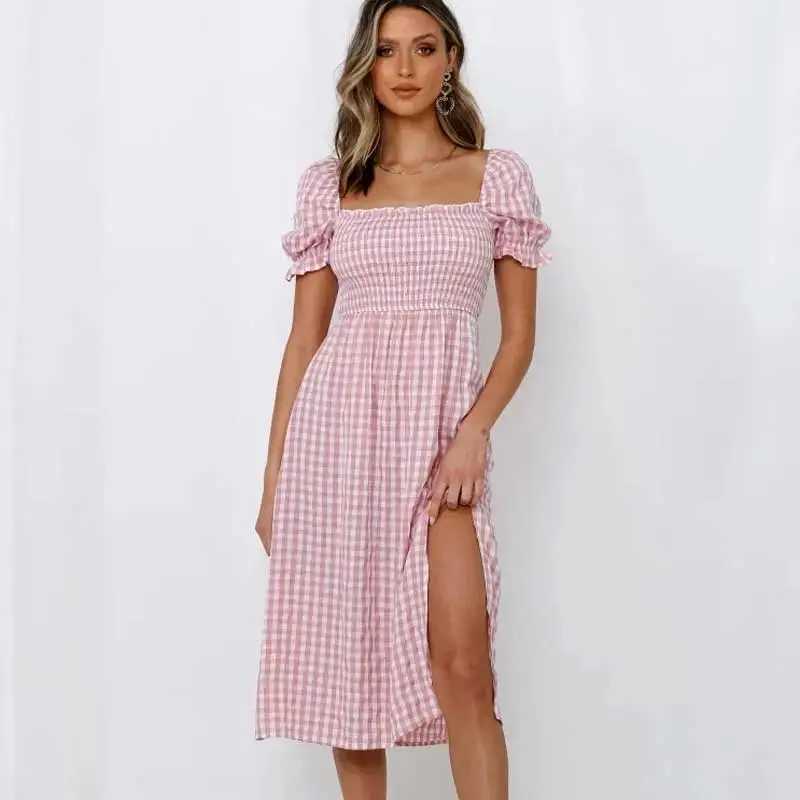 

Gingham Pink Dress for Women Slit Side Long Boho Dress Cotton Plaid Summer Dress Smocked Square Neck Laides Dress 2021