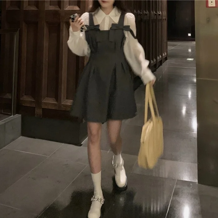 

Hong Kong Style Retro Fashion Suit Women's 2020 New Autumn White Long-Sleeved Shirt Suspender Dress Two-Piece Set