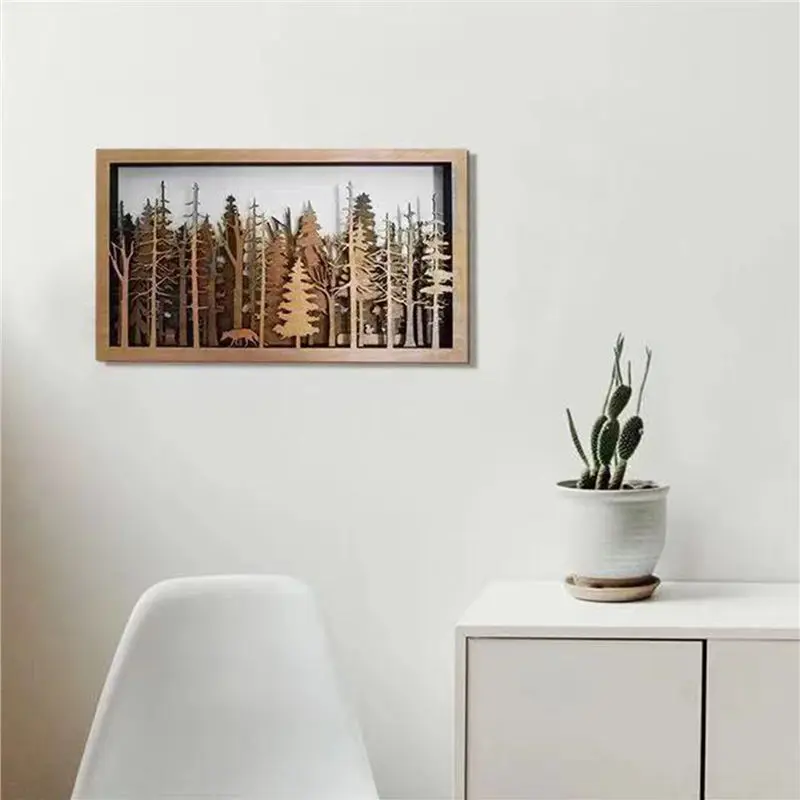 

2021 Fashion Wall Art Decor Wooden Carved Mysterious Room Multi-layer Trees Interior Living Home Forest Wood Decoration Artwork
