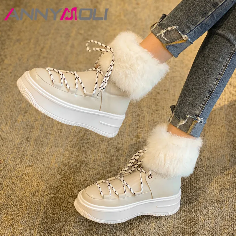 

ANNYMOLI Women Snow Boots Shoes Genuine Leather Platform Wedge Heels Ankle Boots Zip Lace Up High Heel Rabbit Fur Short Boots