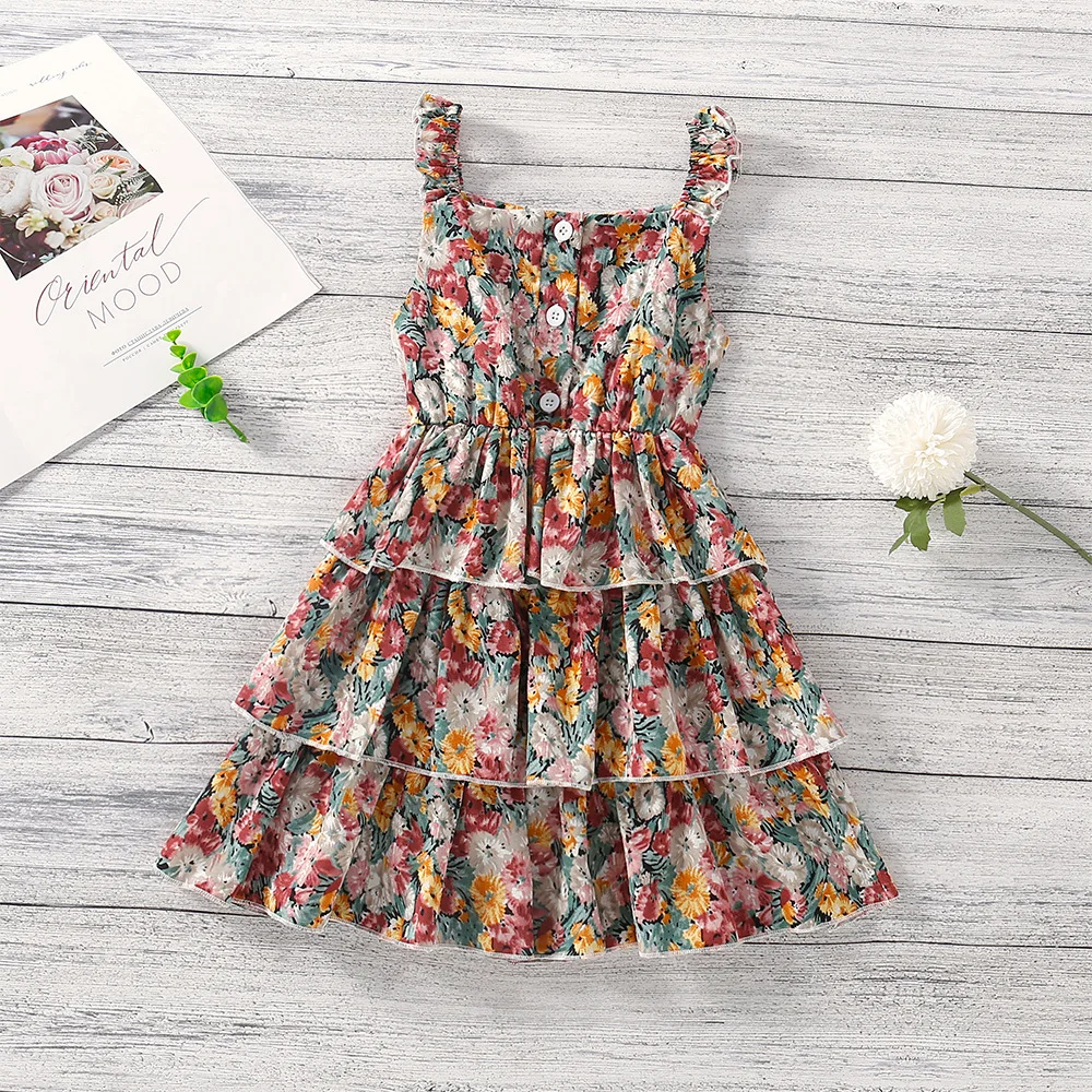 

Girls Dress Fashion Floral Sling Cake Princess Dress Summer New Children's Clothes Printed Dress
