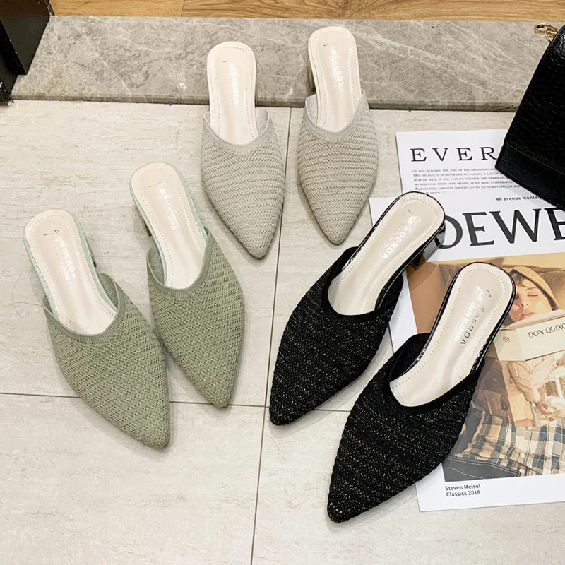 Women Slippers Pointed Toe High Heel Mules Shoes Summer Elastic Knitted Slippers Pumps Woman Fashion Elegant Party Shoes