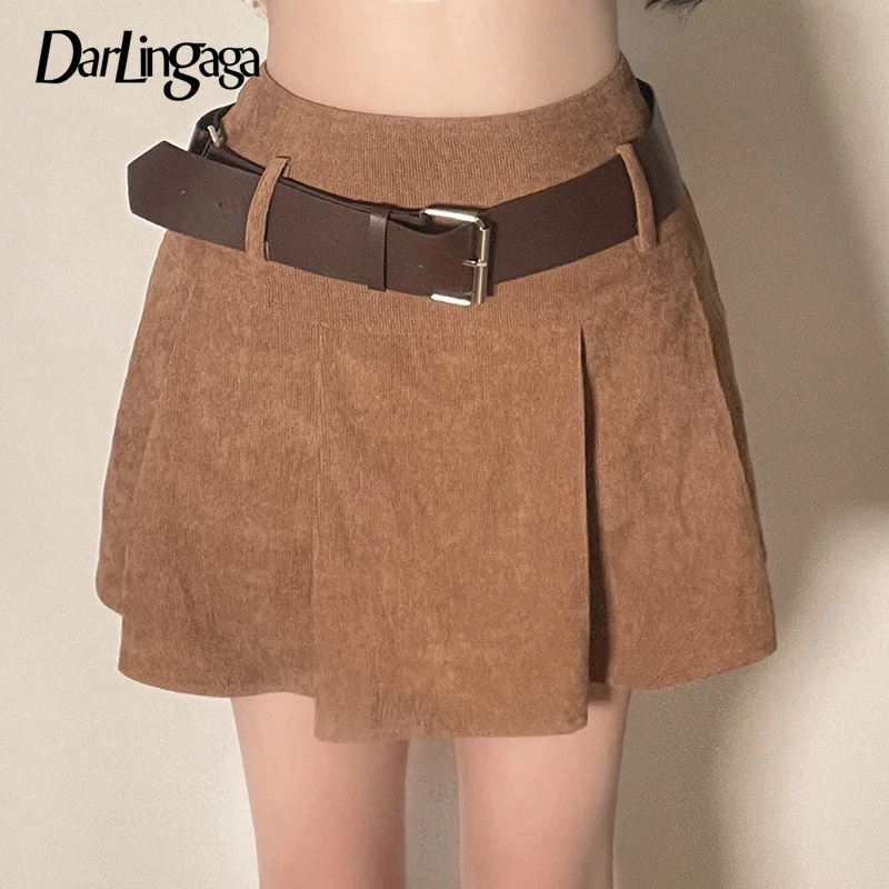 

Винтажная модная коричневая Вельветовая Осенняя Однотонная юбка Darlingaga с Поясом Вечерние высокой талией, женская короткая юбка в стиле Хара...