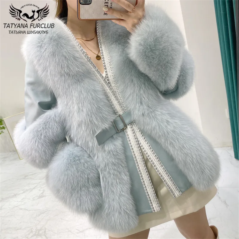 

Шуба женская из цельного лисьего меха, 70 см, с V-образным вырезом и заклепками, зимняя, 2021