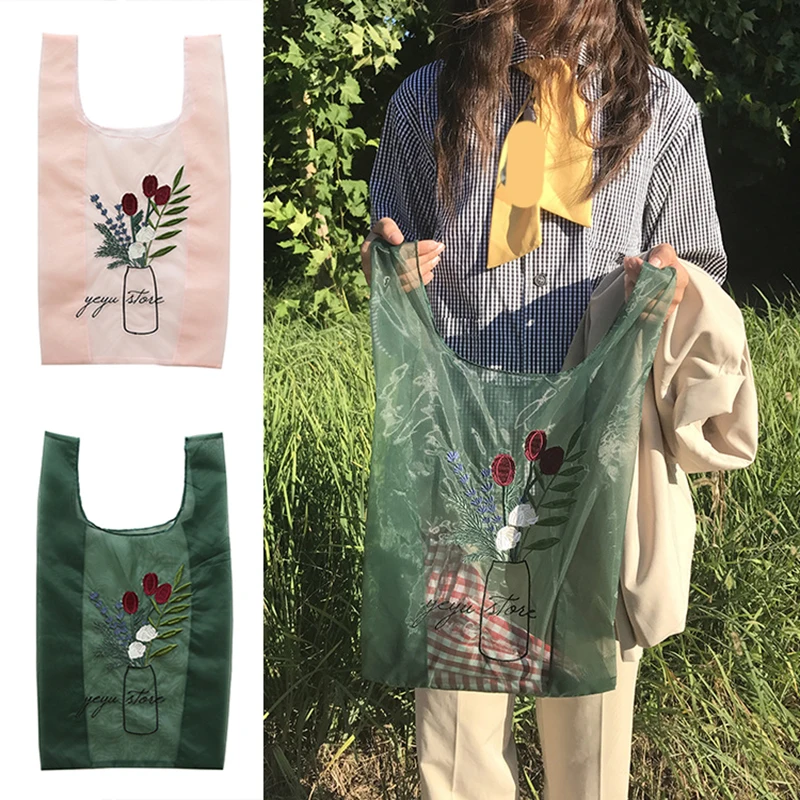 

Female Chic Shoppig Bag Large Capacity Embroidery Hand Bag Organza Casual Tote Mesh Shopping Bags Woman Ladies Sweet Handbags