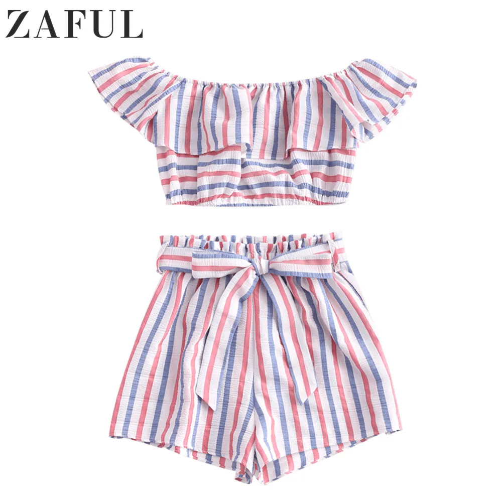 Женский костюм двойка ZAFUL летний в полоску с открытыми плечами и оборками