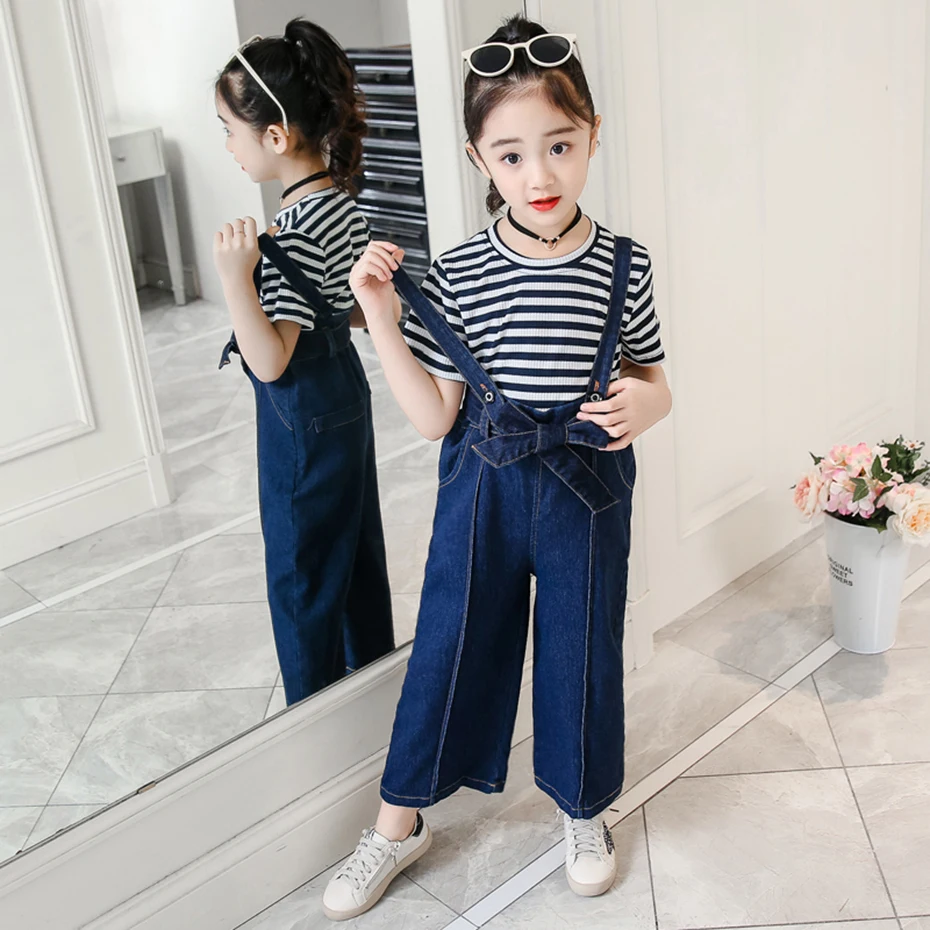 Одежда для девочек футболка в полоску + комбинезон комплект джинсовые свободные