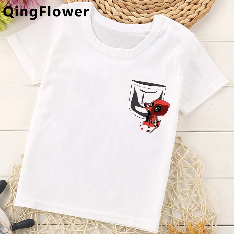 

Забавная детская футболка Дэдпул с мультипликационным принтом, симпатичная аниме-футболка классная уличная футболка для мальчиков Harajuku, п...
