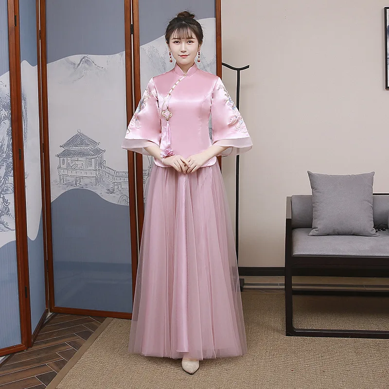 Модная розовая Пряжа юбка длинный Cheongsam Современная Подружка невесты винтажное платье Qi Pao женское традиционное китайское платье Qipao акция - Цвет: C