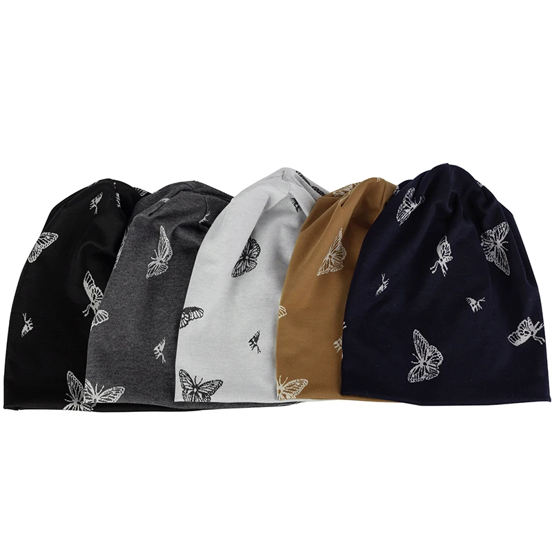 

Шапка-бини женская с принтом бабочки, повседневная универсальная теплая мягкая Модная элегантная хлопковая шапка, цветные осенние кепки