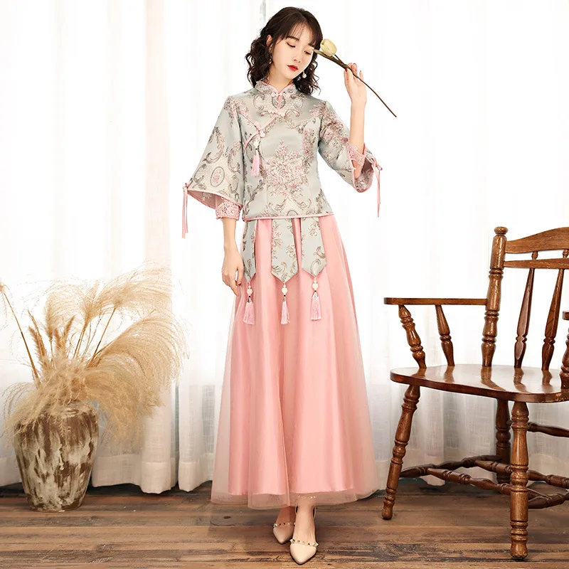

New Chinese Style Cheongsam Wedding Sister Group Gauze Skirt Fresh Retro Style Long Dress Bridesmaid Dress