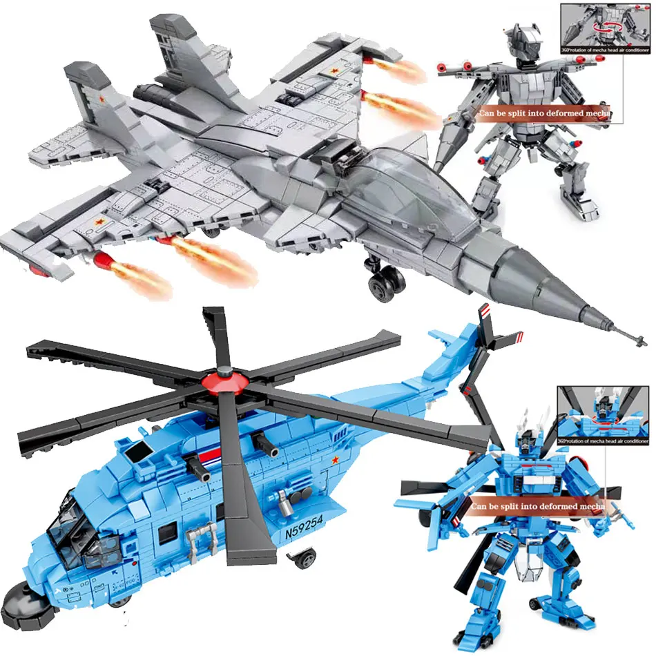 

2 in 1 Transformation Robot Building Blocks Military SU-27 Fighter H-92 Helicopter Bricks with 4 figures Army Toys for Children