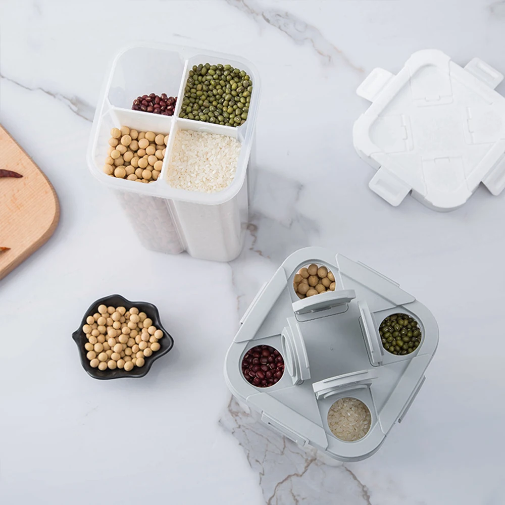 

1pcs Kitchen Food Storage Box With Four Grids Moisture-Proof Sealed Cans Transparent Organizer Grain Storage Tank Kitchen Supply
