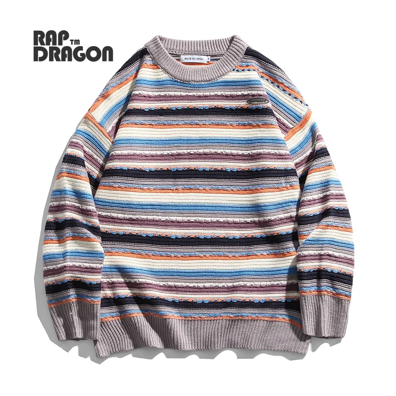 

Harajuku Striped Sweater Oversized Men Knitted Pullovers Japanese Style Casual Sweatshirt Couple Clothing 2021 Autumn Winter New
