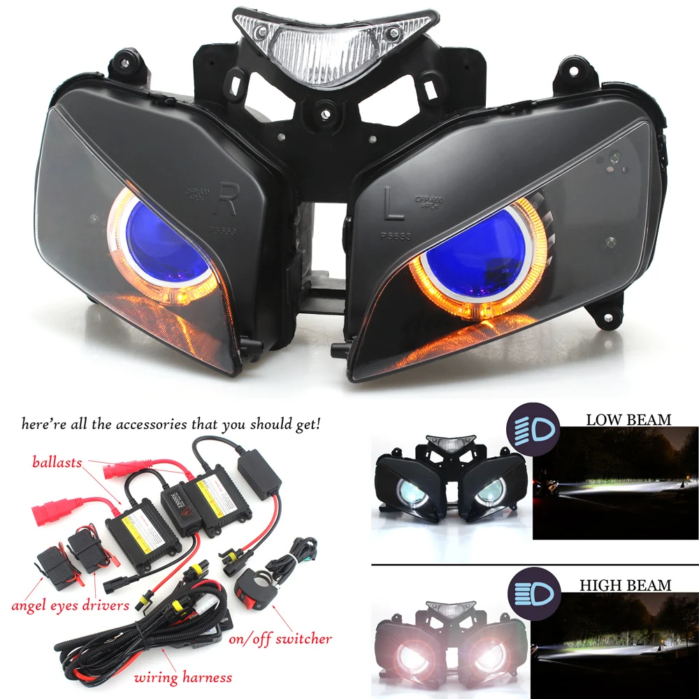 

Custom Headlight Projector Headlamp Assembly HID Yellow Angel Blue Devil Eyes Light For Honda CBR1000RR 2004 2005 2006 2007