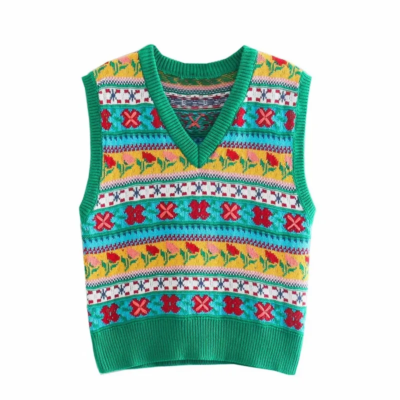 

ZA 2021 autumn new women's clothing fashion casual European and American style Flower jacquard V-neck sleeveless knitted vest