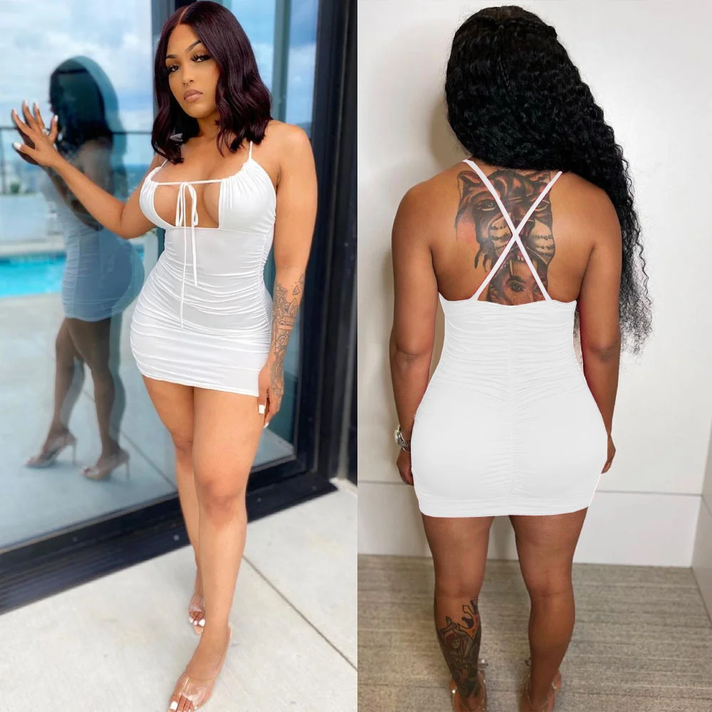 

Lace Up Tight Mini Dress Club Low Cut Sexy Spaghetti Straps Summer Dresses Backless Hollow Out Female Clothing Solid