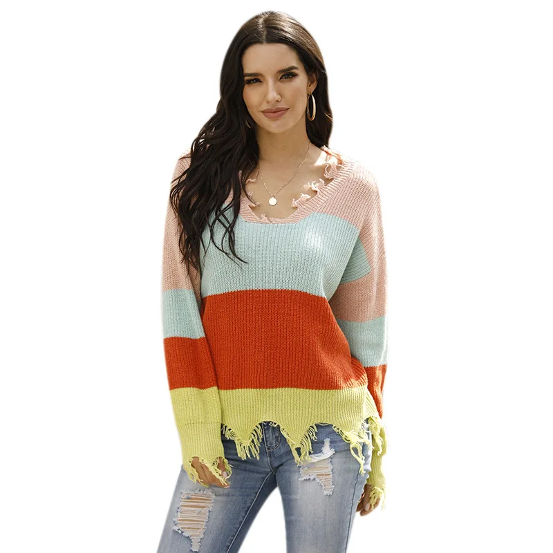 

Nice Pop tattered sweater women lazy style V-neck stripe stitching contrast color tattered sweater
