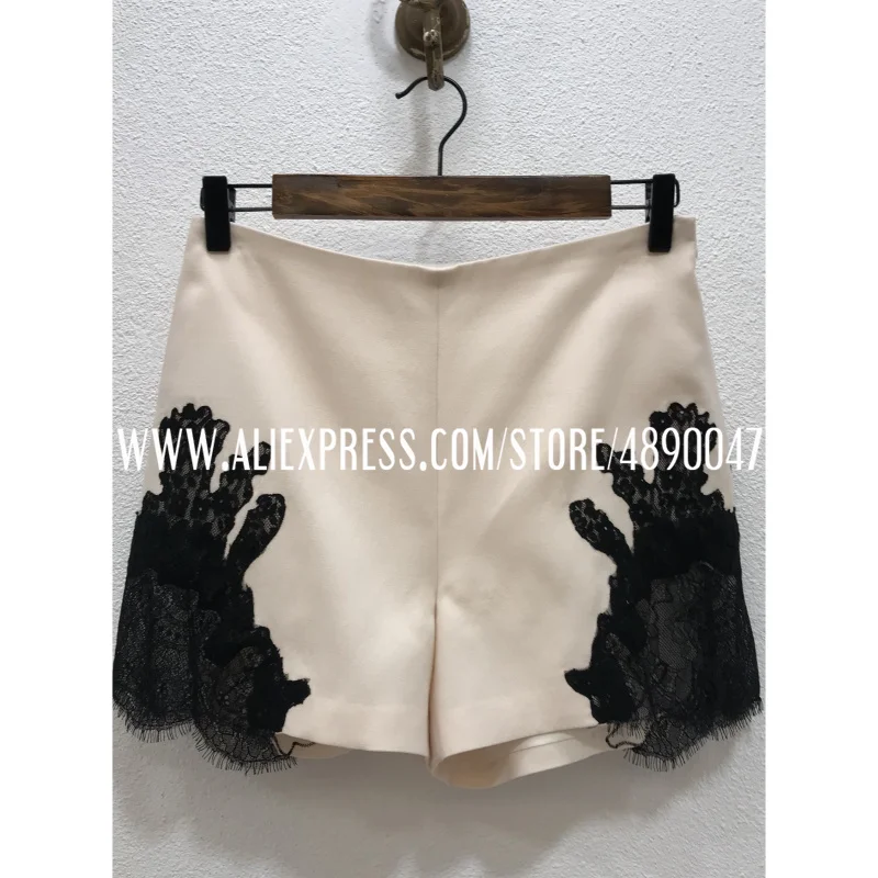 

2021 women's lace stitching silk + wool high quality suit shorts high waist casual pants with silk lining