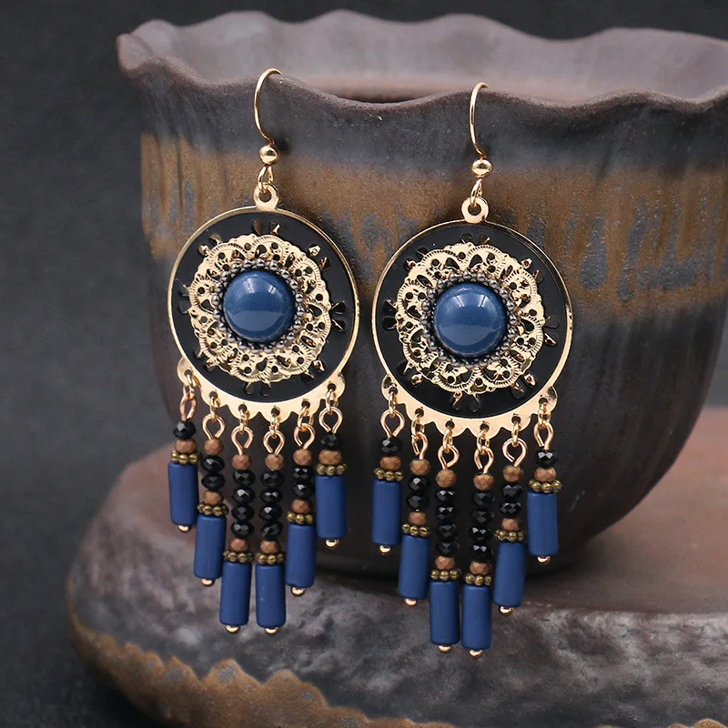 

Bohemian style popular new fashion retro atmosphere alloy beads tassel temperament women's Earrings accessories wholesale