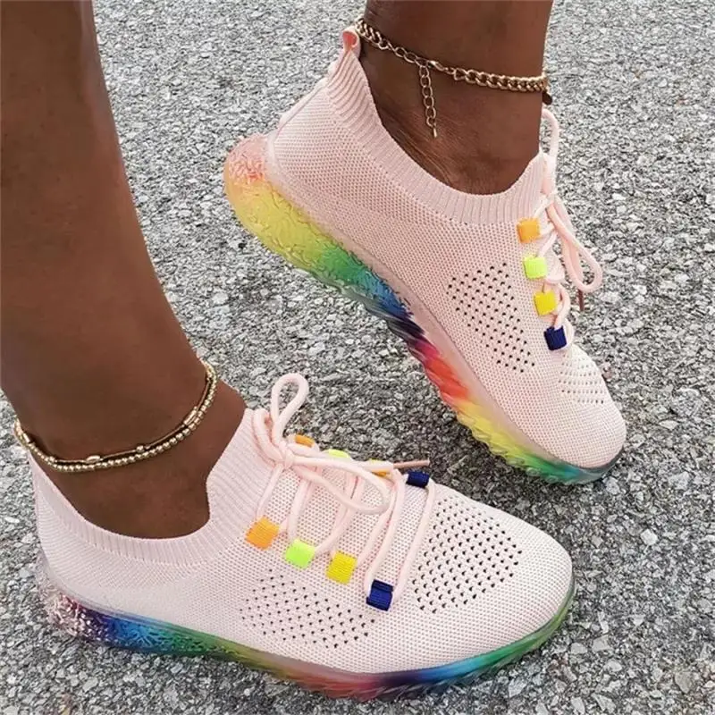 

Women's Solid Color Knit Upper, Rainbow Color Sole, Flat Heel, Comfortable Classic Fashion All-match Casual Sneakers 6KF044