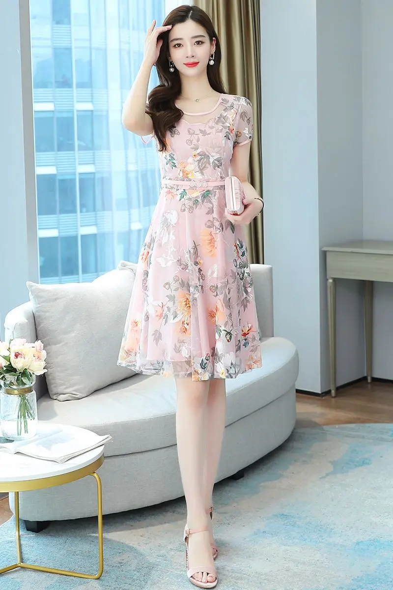 

COIGARSAM 3XL Plus Size Fashion Chiffon Women dress New Summer Spring High Waist Dresses Blue Pink 8167