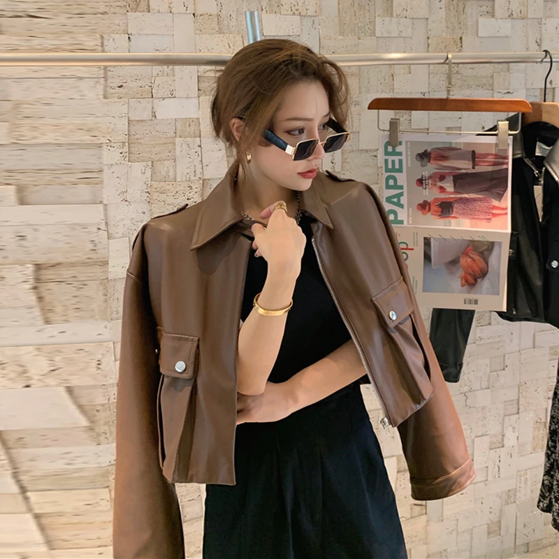 

Fall Winter Women Coat Fashion Casual All-Match Short Leather Jacket Polo Collar Zip Pockets Streetwear Female Bike Coats Korean