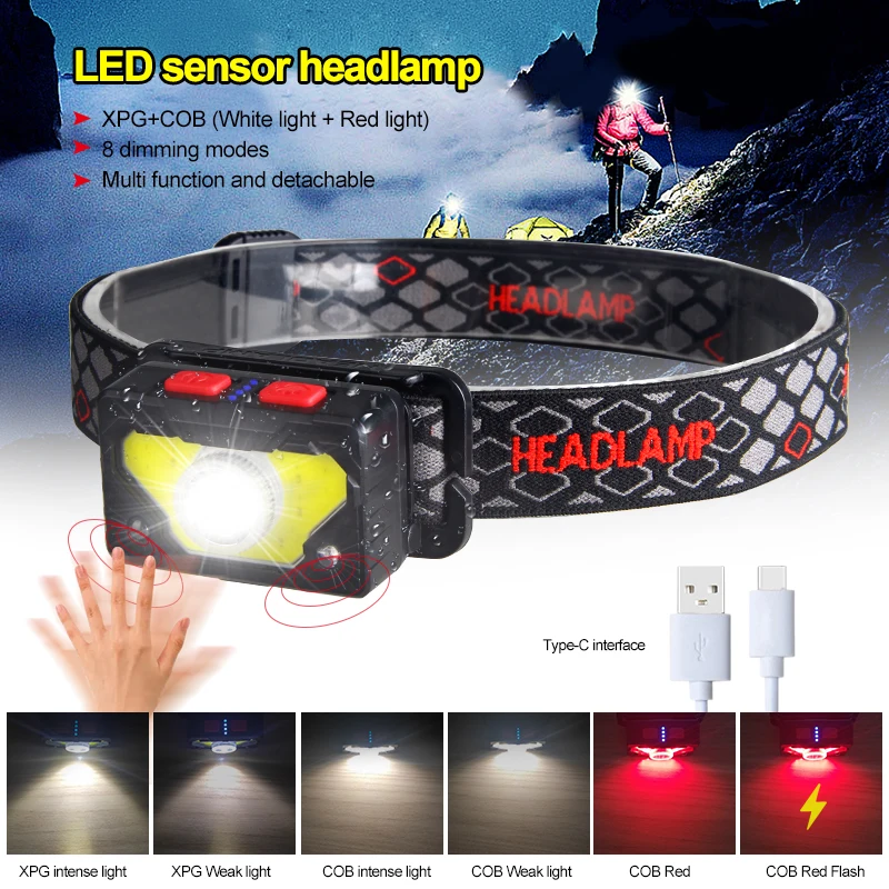 

Hands-free LED Headlamp Motion Sensor 10W XPG+COB 8 Gears Headlight USB Rechargeable Inductive Torch Whtie+Red Built-in Battery