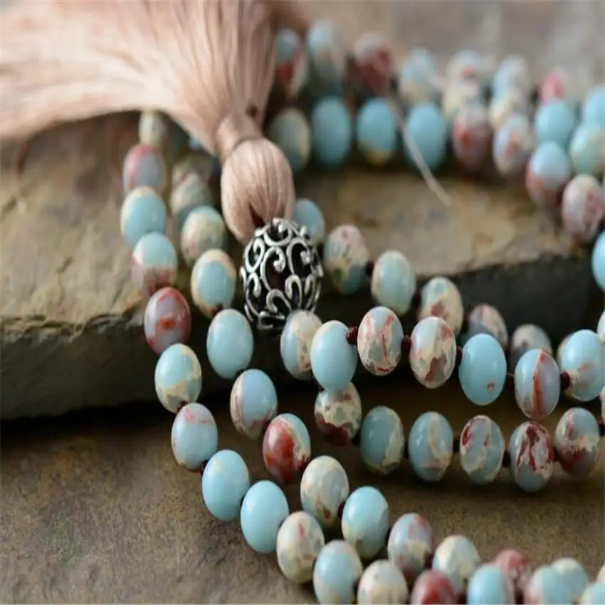 8 мм Цветок шкура яшма драгоценный камень 108 бусины кисточка Мала ожерелье