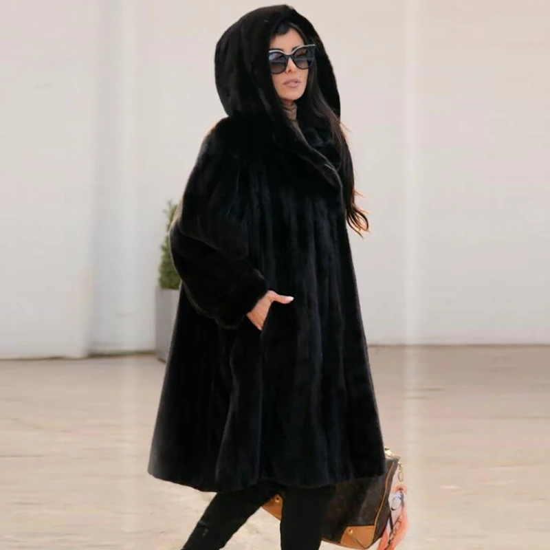 BFFUR Black Real Mink Fur Coats With Hood Women Winter Fashion Long Genuine Mink Fur Coat Luxury High Quality Fur Overcoats 2022