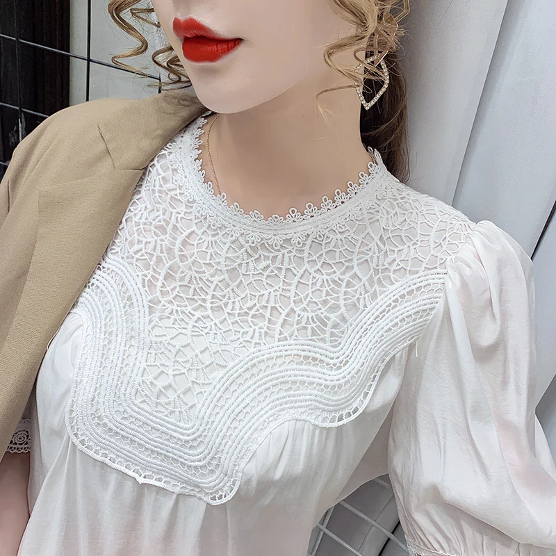 

COIGARSAM Vintage Short Sleeve blouse women New Summer Patchwork Lace blusas womens tops and blouses White 5168