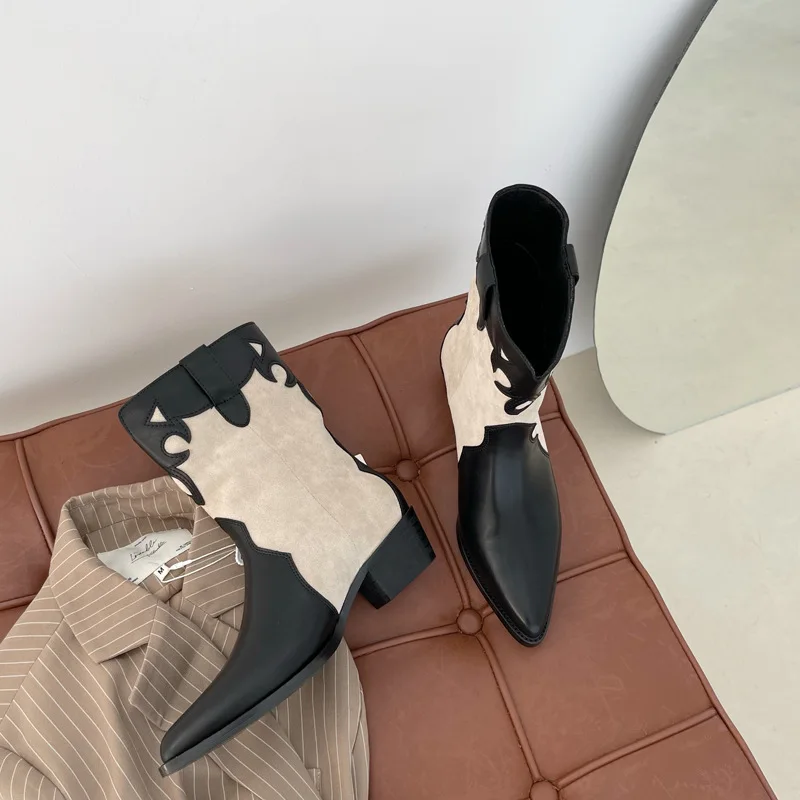 

Женские короткие сапоги в британском стиле с острым носком, ботинки-челси средней длины, ковбойские сапоги в западном стиле, женская обувь н...