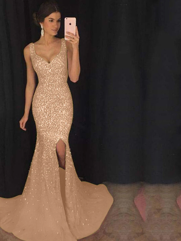 

2021 New formal wear summer fashion women's hot gold tight sexy deep V strap split, slim dress female