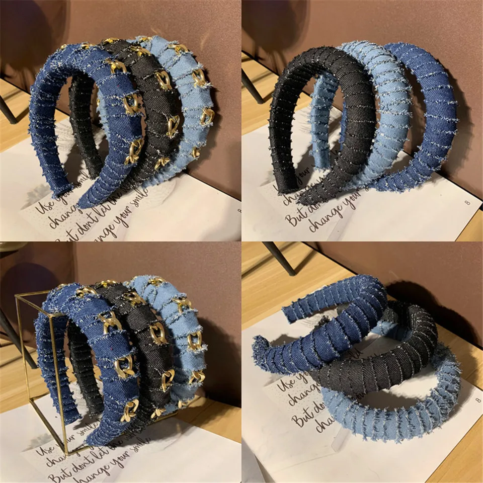 

Fashion Alloy Chain Denim Headband Head Hoop For Women Hair Accessories Unique Hair Band Bezel Girls Sponge Wide Hairbands Lady