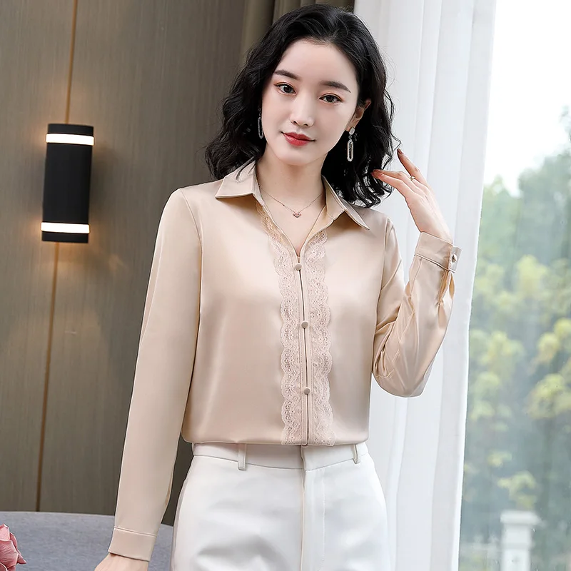

Korean Silk Women Shirts Women Satin White Shirts Woman Long Sleeve Satin Blouses Silk Top Plus Size Woman Embroidery Lace Shirt