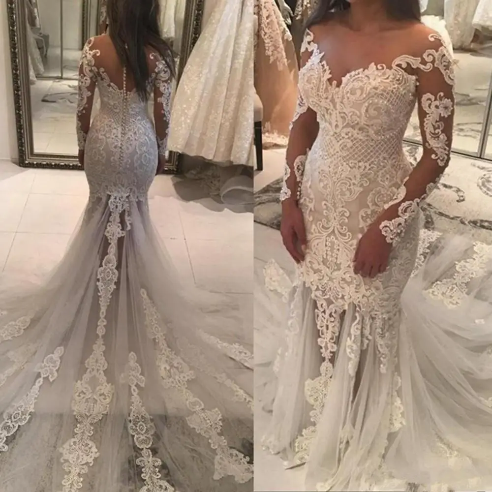 

Sexy Mermaid Wedding Dresses 2020 Sheer Neckline Lace Appliques Pearls Beaded Illusion Long Sleeves See Through Wedding Dress