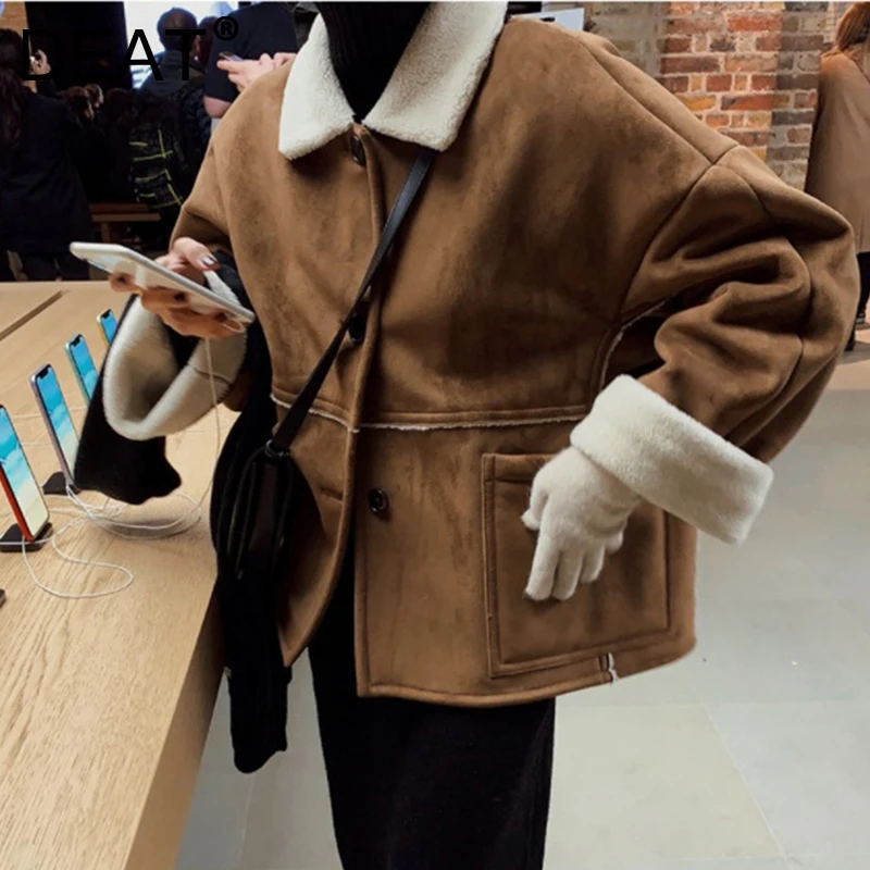 

DEAT 2021 New Korean Fashion Contrast Color Single Breasted Warm Fur Loose Thin Women's Coat Autumn And Winter 7I5213
