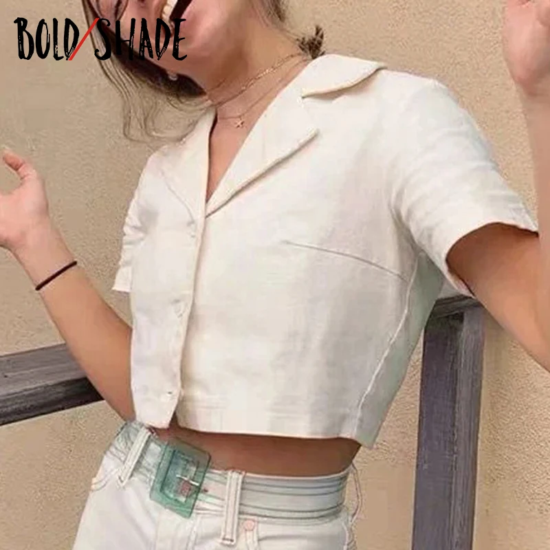 

Bold Shade Solid Grunge Style 90s Retro Crop Blouse Short Sleeve Women Streetwear Fashion Y2K Causal Shirts Summer Indie Clothes