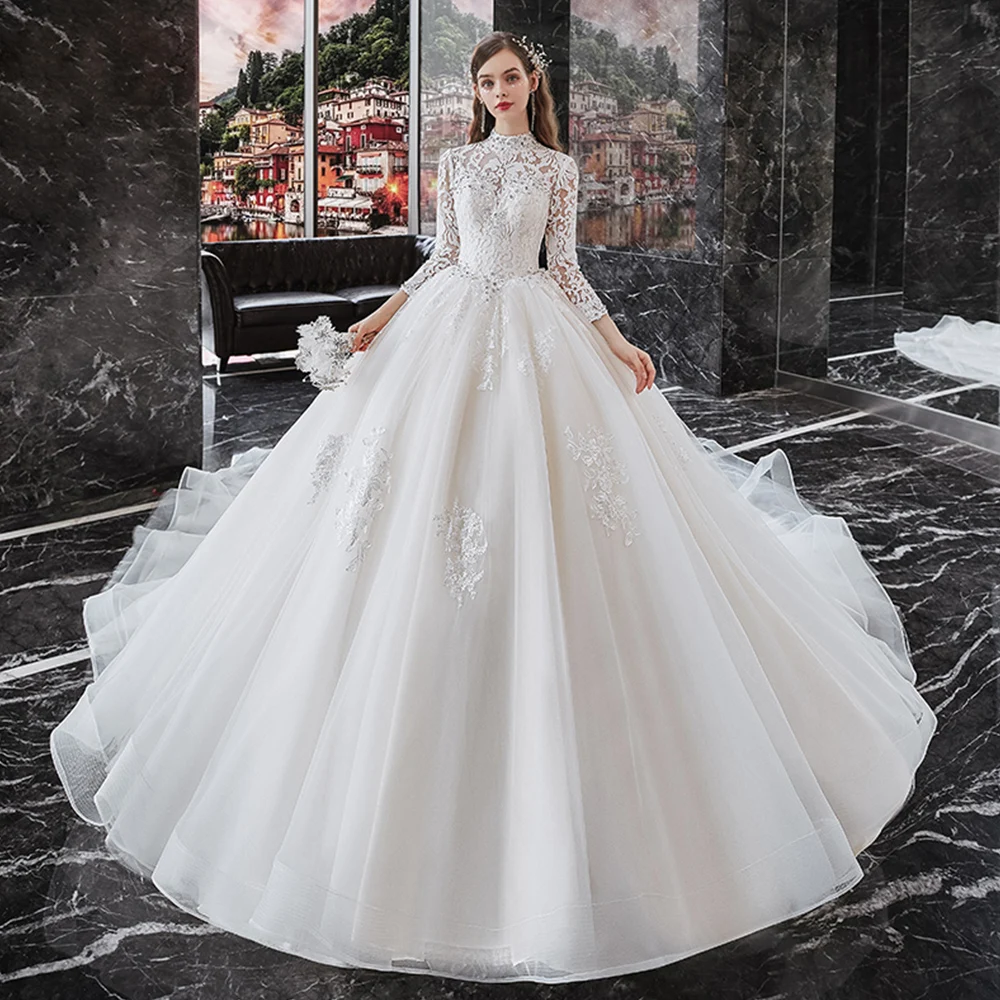 

Vestidos De Novia Тюль бальное платье на свадьбу, платье с вуалью Robes De Mariage с высоким воротом Trouwjurk в церковь, со шлейфом, Hochzeitskleid