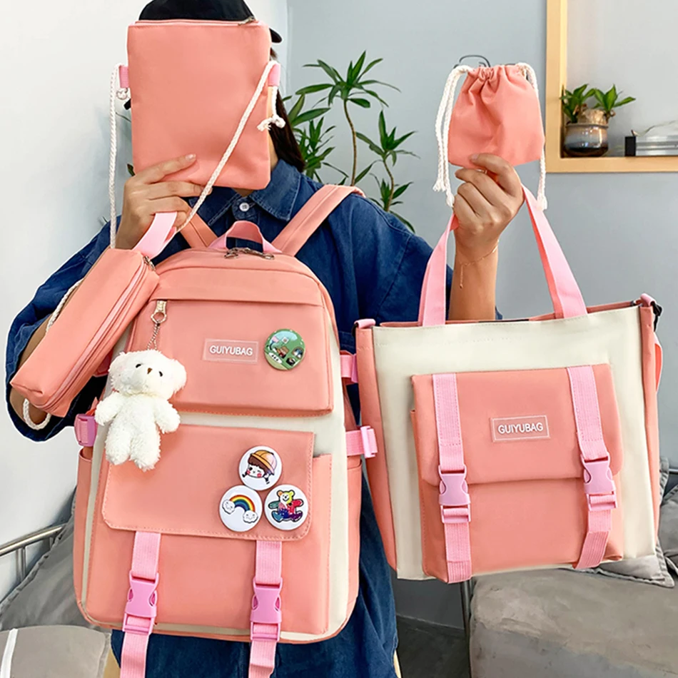 5 Pcs Kawaii Canvas Schoolbag for Teenage Girls College Cute Backpack Purse Large Capacity Satchel Student Shopper Rucksack 2021