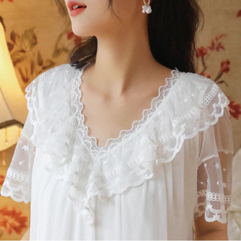 

Women Fairy Long Night Dress Tulle Lace Peignoir Sleepwear Victorian Vintage Kawaii Nightgown Ladies Nightwear Lounge Home Wear