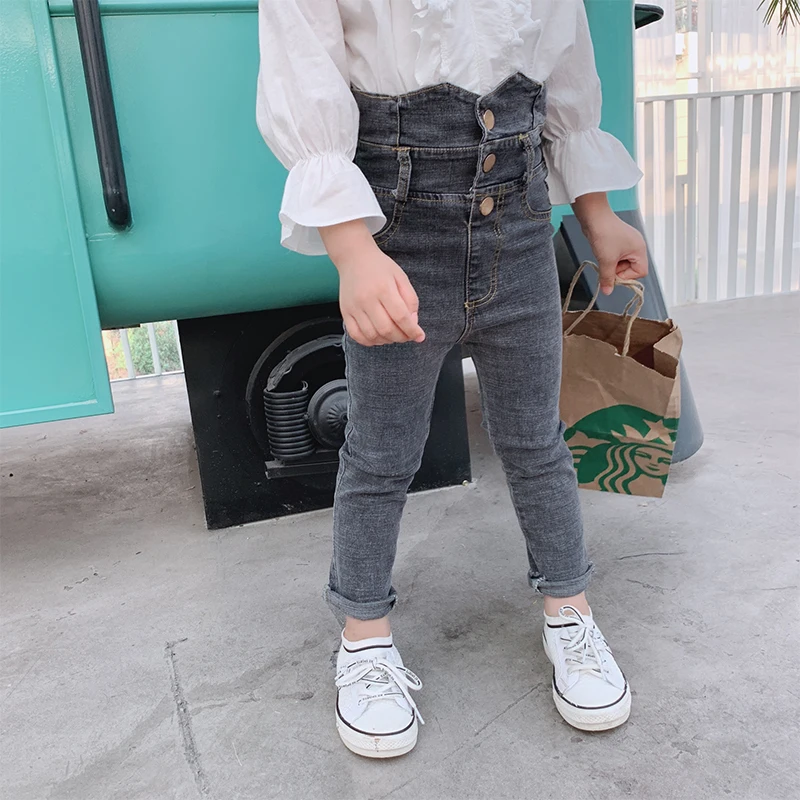 Джинсы с высокой талией для девочек осень 2019 новые брюки повседневные штаны