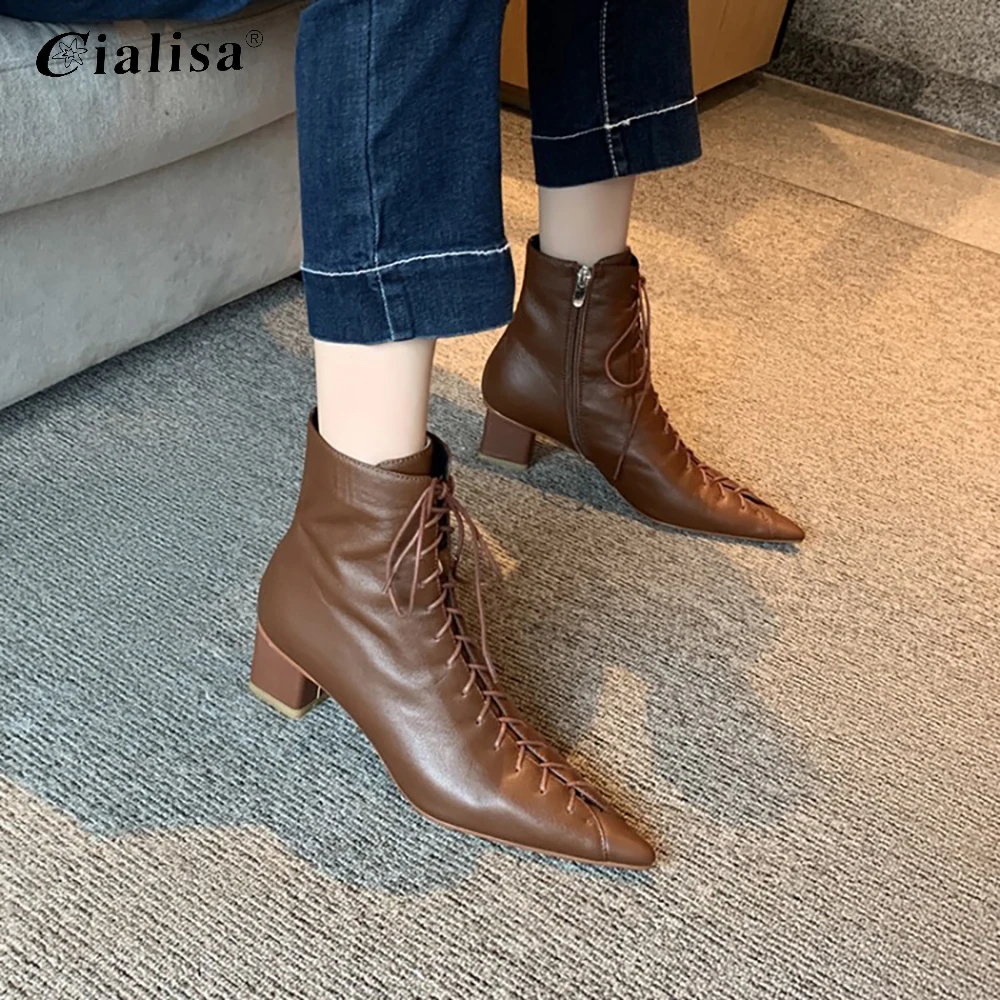 

CIALISA Ankle Boots 2020 New Design Winter Pointed Toe Genuine Leather Shoes Fashion Sexy Lace Up Mid Heel Zipper Boots