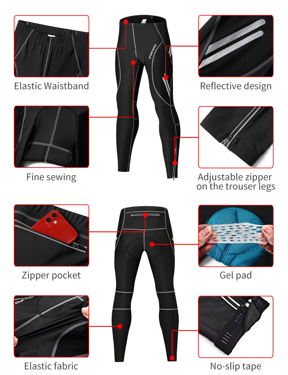 Мужские велосипедные колготки WOSAWE дышащие спортивные однотонные черные брюки