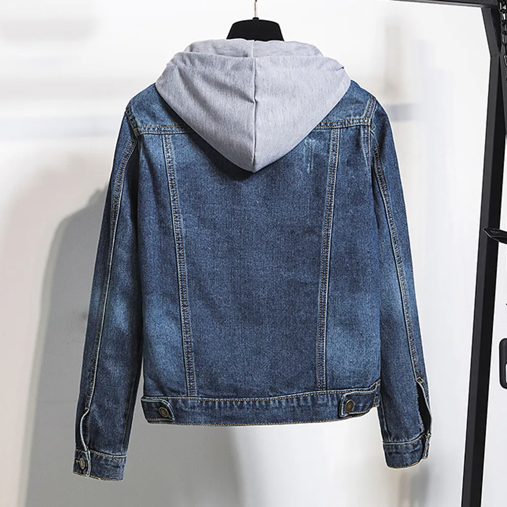 Женская джинсовая куртка Повседневная с длинным рукавом в стиле ретро капюшоном
