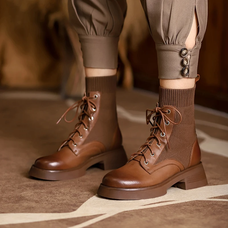 

Boots Women 2021 Chunky Heels Winter Black Ankle Martin Fashion Leather Designerlace Up Shoes Luxury Brand High Quality Brown