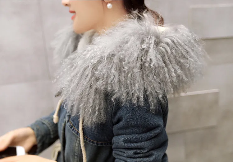Женская зимняя джинсовая куртка,, новая мода, овечья шерсть, утолщенная, большой меховой воротник, пэчворк, теплое пальто, женская парка, QW712