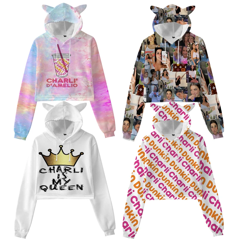 

Charli Damelio 3D Print Hoodies for Women Kawaii Girls Cat Ear Pullover Female Cartoon Sweatshirts Ladies Crop Tops Sudadera