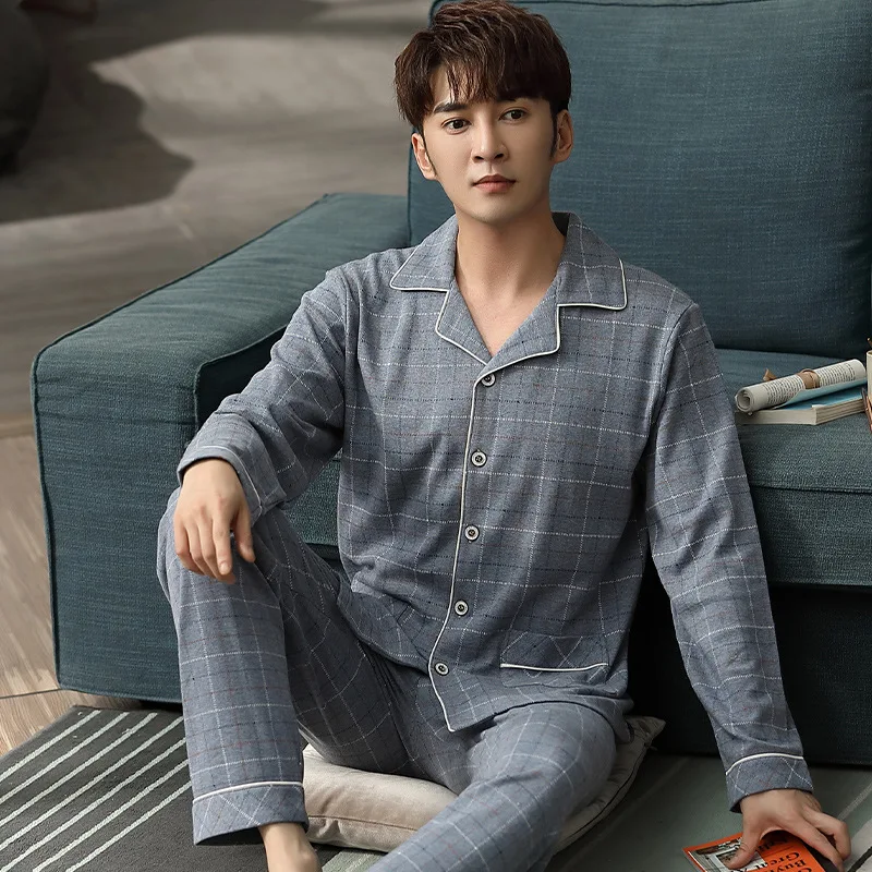 

Cotton Men Pajamas Long Sleeve Spring and Autumn Cotton Spring Autumn Winter Middle Aged and Elderly People Dad Homewear Set