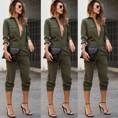 Осенний крутой Модный женский джинсовый однотонный армейский зеленый женский комбинезон на пуговицах комбинезон широкие брюки